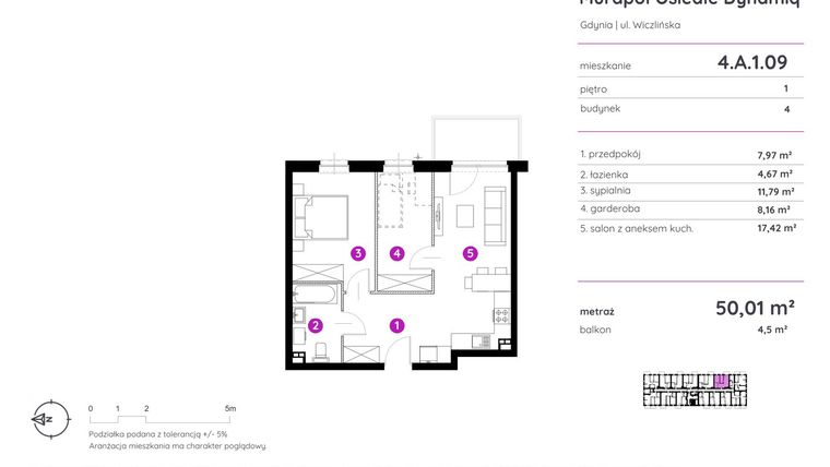 Rzut - Mieszkanie na sprzedaż 2 pokoje o powierzchni 50,01 m² - numer 4.A.1.09 w Murapol Osiedle Dynamiq