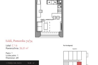 Rzut - Mieszkanie na sprzedaż 1 pokój o powierzchni 26,3 m² - numer C 1.6 w Melody Loft