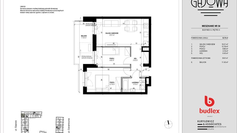Rzut - Mieszkanie na sprzedaż 3 pokoje o powierzchni 52 m² - numer 54 w Gajowa bud. A