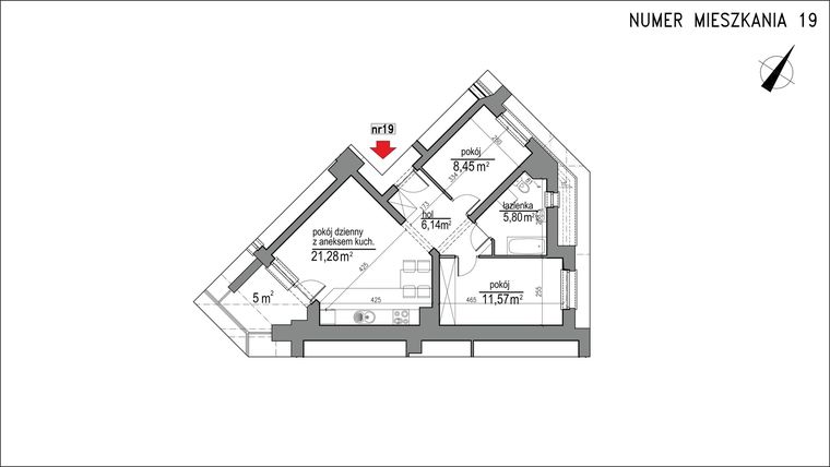 Rzut - Mieszkanie na sprzedaż 3 pokoje o powierzchni 53,24 m² - numer 1m.19 w Osiedle Rytm
