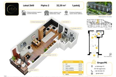 Rzut - Mieszkanie na sprzedaż 1 pokój o powierzchni 32,38 m² - numer 2M09 w Złota Jabłonna