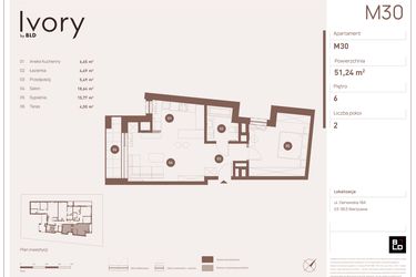 Rzut - Mieszkanie na sprzedaż 2 pokoje o powierzchni 51,24 m² - numer M30 w Ivory