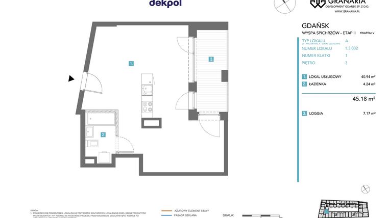 Rzut - Mieszkanie na sprzedaż 1 pokój o powierzchni 45,18 m² - numer 1.3.032 w Granaria