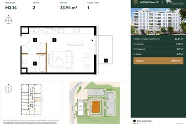 Rzut - Mieszkanie na sprzedaż 1 pokój o powierzchni 33,94 m² - numer B2.2.14 w Wierzbowa 20