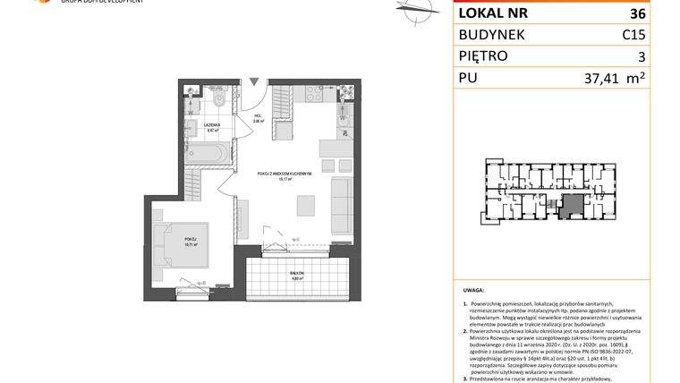 Rzut - Mieszkanie na sprzedaż 2 pokoje o powierzchni 37,41 m² - numer C15.36 w Konstelacja etap VI