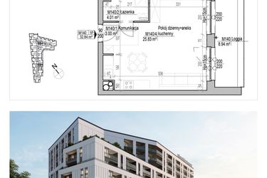Rzut - Mieszkanie na sprzedaż 1 pokój o powierzchni 32,84 m² - numer 140 w Aleja