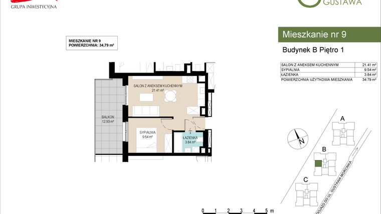 Rzut - Mieszkanie na sprzedaż 2 pokoje o powierzchni 34,79 m² - numer B9 w Wzgórze Gustawa