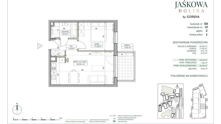 Rzut - Mieszkanie na sprzedaż 2 pokoje o powierzchni 44,98 m² - numer 6.B.19 w Villa Jaśkowa Dolina etap II