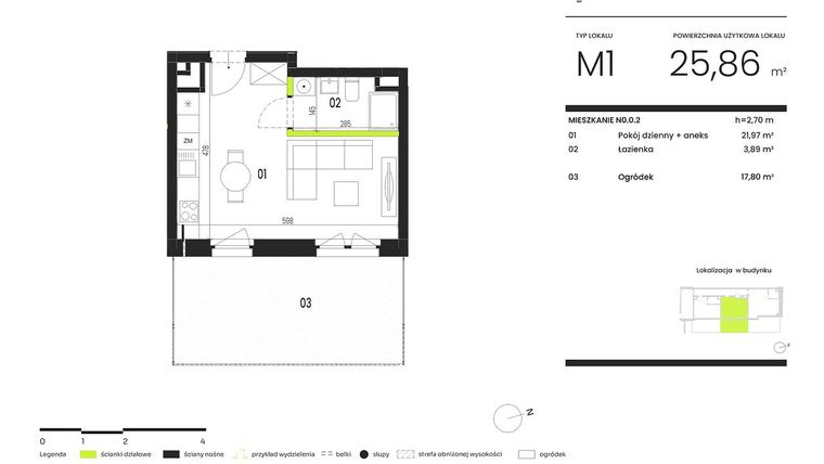 Rzut - Mieszkanie na sprzedaż 1 pokój o powierzchni 25,86 m² - numer NO.0.2 w Ogrody Staromiejskie