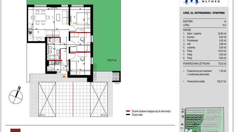 Rzut - Mieszkanie na sprzedaż 3 pokoje o powierzchni 70,02 m² - numer 14.3 w Przystań Młynek