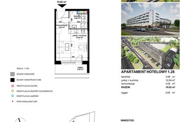 Rzut - Mieszkanie na sprzedaż 1 pokój o powierzchni 19,63 m² - numer 1.28 w Apartamentowiec Zwycięska 3 - inwestycyjne