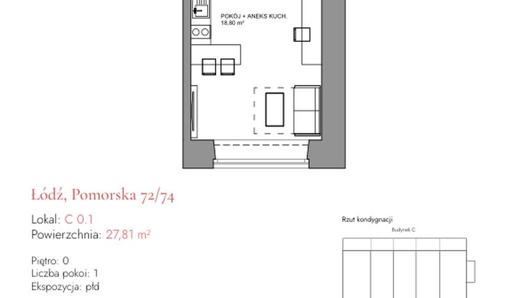 Rzut - Mieszkanie na sprzedaż 1 pokój o powierzchni 27,81 m² - numer C 0.1 w Melody Loft