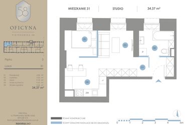 Rzut - Mieszkanie na sprzedaż 1 pokój o powierzchni 34,37 m² - numer 31 w Oficyna - Apartamenty Inwestycyjne Apart Hotel