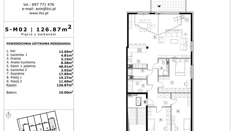 Rzut - Mieszkanie na sprzedaż 4 pokoje o powierzchni 126,87 m² - numer 5-m02 w Apartamenty Anin