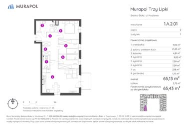 Rzut - Mieszkanie na sprzedaż 4 pokoje o powierzchni 65,43 m² - numer 1.A.2.01 w Murapol Trzy Lipki