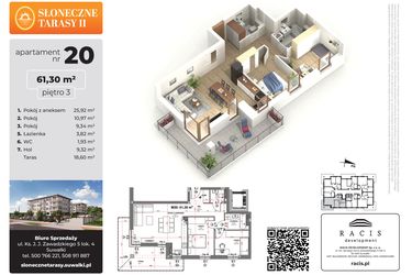 Rzut - Mieszkanie na sprzedaż 3 pokoje o powierzchni 61,3 m² - numer 20 w Słoneczne Tarasy II etap 2