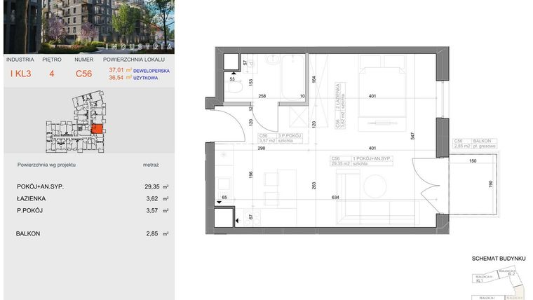 Rzut - Mieszkanie na sprzedaż 1 pokój o powierzchni 36,54 m² - numer I-C56 w Industria etap I-D