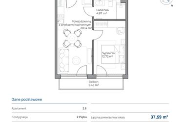 Rzut - Mieszkanie na sprzedaż 2 pokoje o powierzchni 37,59 m² - numer B.2.8 w Anchoria Holiday