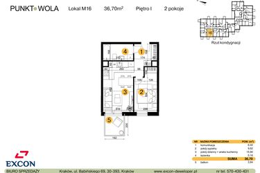 Rzut - Mieszkanie na sprzedaż 2 pokoje o powierzchni 36,7 m² - numer M16 w Punkt Wola
