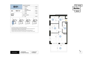 Rzut - Mieszkanie na sprzedaż 3 pokoje o powierzchni 60,81 m² - numer B/01 w Osiedle Bolko etap II