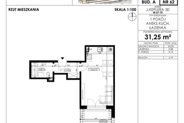 Rzut - Mieszkanie na sprzedaż 1 pokój o powierzchni 31,25 m² - numer JAR-A-LM-M62 w Osiedle JAR Heweliusza