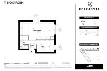Rzut - Mieszkanie na sprzedaż 2 pokoje o powierzchni 35,99 m² - numer A-03-27 w Kolejova 1
