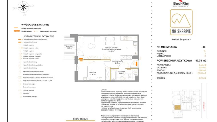 Rzut - Mieszkanie na sprzedaż 2 pokoje o powierzchni 47,78 m² - numer B16 w Na Skarpie bud. B