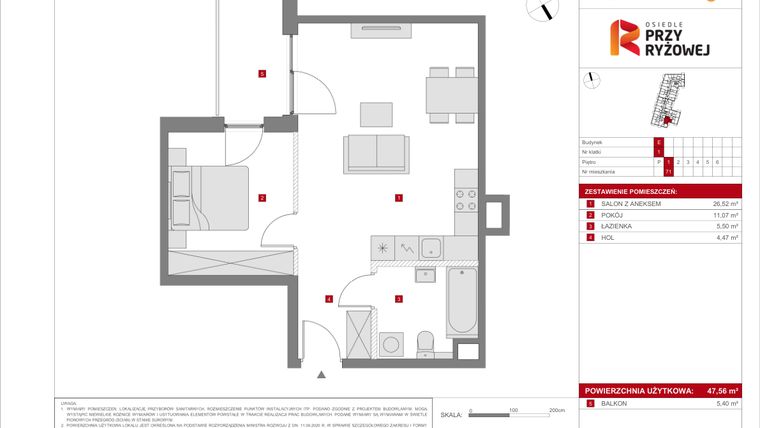 Rzut - Mieszkanie na sprzedaż 2 pokoje o powierzchni 47,56 m² - numer E.71 w Osiedle Przy Ryżowej etap II