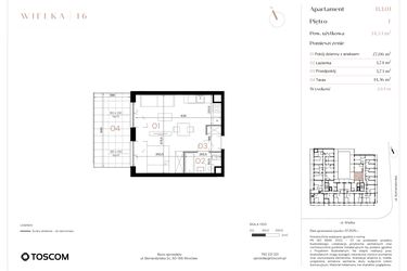 Rzut - Mieszkanie na sprzedaż 1 pokój o powierzchni 34,53 m² - numer B/1/01 w Wielka 16