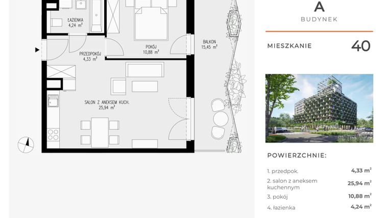 Rzut - Mieszkanie na sprzedaż 2 pokoje o powierzchni 45,39 m² - numer 40 w Semiramis