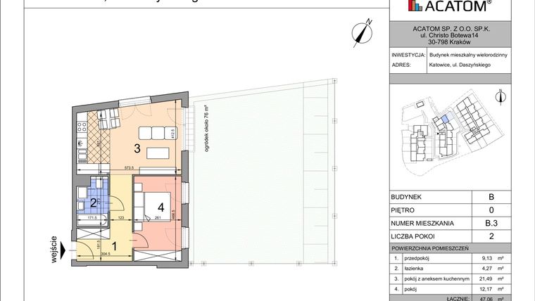 Rzut - Mieszkanie na sprzedaż 2 pokoje o powierzchni 46,91 m² - numer B3 w Daszyńskiego Park