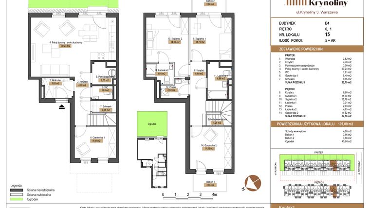 Rzut - Mieszkanie na sprzedaż 5 pokoi o powierzchni 107,09 m² - numer 15.B4 w Apartamenty Krynoliny