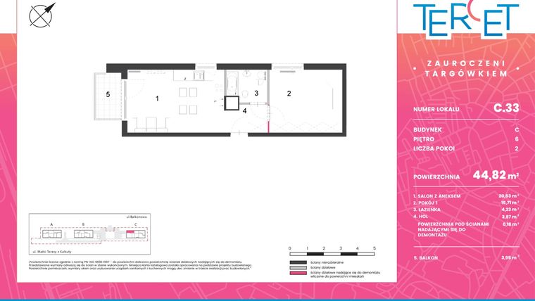 Rzut - Mieszkanie na sprzedaż 2 pokoje o powierzchni 44,82 m² - numer C.33 w Osiedle Tercet
