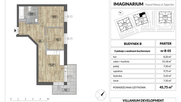 Rzut - Mieszkanie na sprzedaż 3 pokoje o powierzchni 45,75 m² - numer 5 w Imaginarium Kazuń Nowy - bud. B