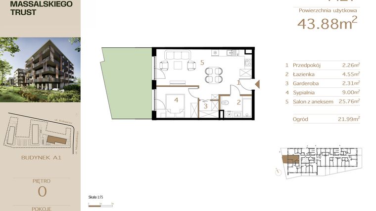 Rzut - Mieszkanie na sprzedaż 2 pokoje o powierzchni 43,88 m² - numer M27 w Massalskiego Trust