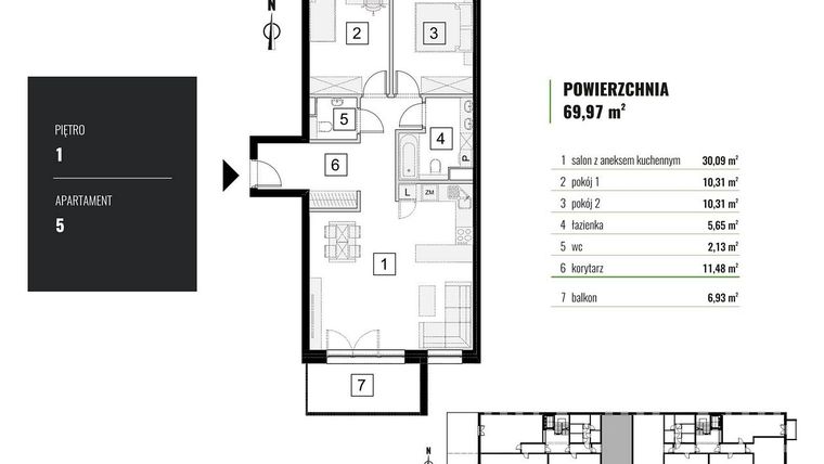 Rzut - Mieszkanie na sprzedaż 3 pokoje o powierzchni 69,97 m² - numer M.5 w Zielony Horyzont II