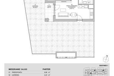 Rzut - Mieszkanie na sprzedaż 2 pokoje o powierzchni 44,46 m² - numer 1A.0.03 w Francuska Park VIIIB