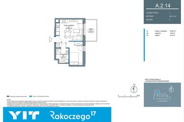 Rzut - Mieszkanie na sprzedaż 1 pokój o powierzchni 30,38 m² - numer A.2.14 w Rakoczego 17