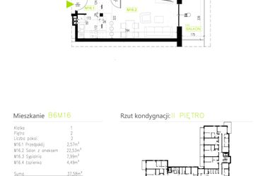 Rzut - Mieszkanie na sprzedaż 2 pokoje o powierzchni 37,58 m² - numer B6M16 w Osiedle Natura Park etap II
