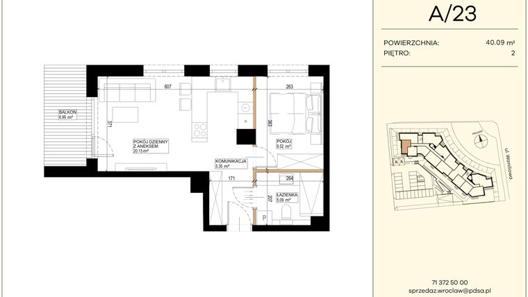 Rzut - Mieszkanie na sprzedaż 2 pokoje o powierzchni 40,09 m² - numer WA2/A/23 w Waniliowa