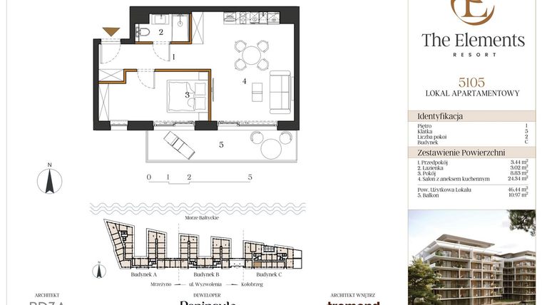 Rzut - Mieszkanie na sprzedaż 2 pokoje o powierzchni 39,63 m² - numer C5105 w The Elements Resort