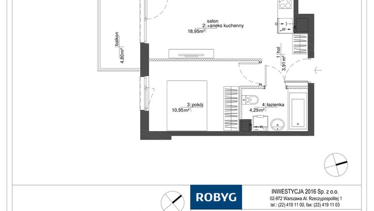 Rzut - Mieszkanie na sprzedaż 2 pokoje o powierzchni 38,1 m² - numer RM/2A/D/1/4 w Rytm Mokotowa - etap 2A