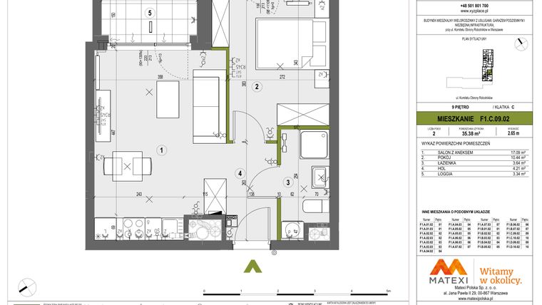 Rzut - Mieszkanie na sprzedaż 2 pokoje o powierzchni 35,38 m² - numer F1.C.09.02 w XYZ Place