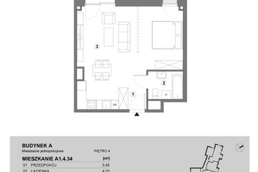 Rzut - Mieszkanie na sprzedaż 1 pokój o powierzchni 43,39 m² - numer A1.4.34 w ATAL Grabiszyn