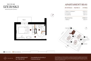 Rzut - Mieszkanie na sprzedaż 1 pokój o powierzchni 22,83 m² - numer B3.05 w Bulwar Izerski