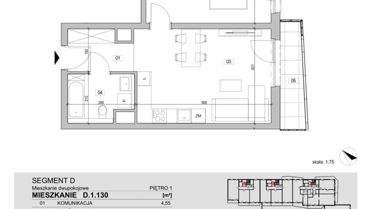 Rzut - Mieszkanie na sprzedaż 2 pokoje o powierzchni 46,29 m² - numer D.1.130 w ATAL Unii Lubelskiej