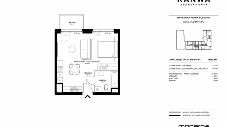 Rzut - Mieszkanie na sprzedaż 2 pokoje o powierzchni 33,63 m² - numer B.07.04 w KANWA