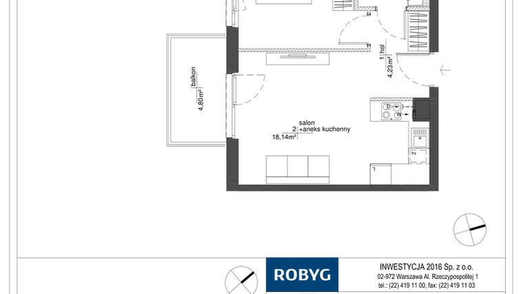 Rzut - Mieszkanie na sprzedaż 2 pokoje o powierzchni 38,51 m² - numer RM/2A/D/3/3 w Rytm Mokotowa - etap 2A