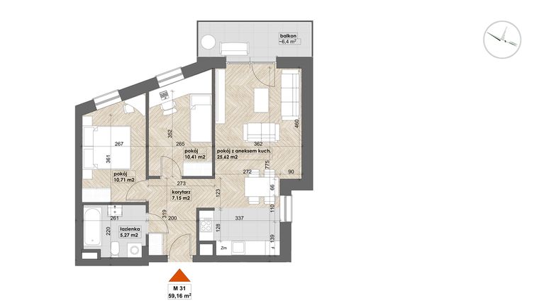 Rzut - Mieszkanie na sprzedaż 3 pokoje o powierzchni 59,16 m² - numer 31 w Apartamenty Śródmieście