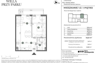 Rzut - Mieszkanie na sprzedaż 2 pokoje o powierzchni 46,51 m² - numer 1.G w Willa przy parku